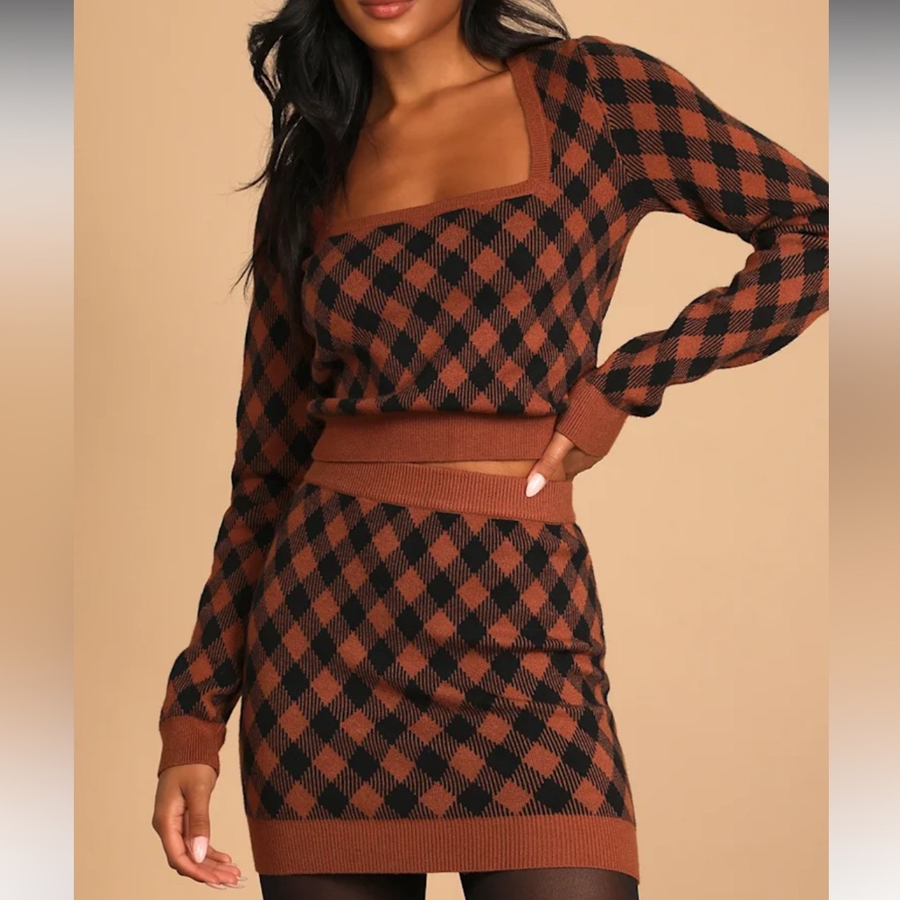 NWT LULUS STUDIOUS STYLE BROWN GINGHAM SWEATER MINI SKIRT DRESS SET SZ S